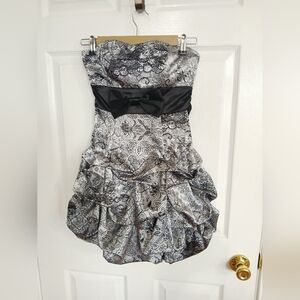 Ruby Rox Strapless Bubble Hem Black & Silver Floral Party Dress with Bow